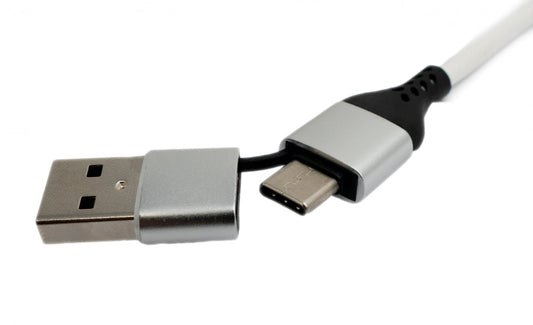 SYSTEM-S USB 3.1 2 í 1 snúra 1m Type C karlkyns í Type C karlkyns og 2.0 Type A fléttuð hvít