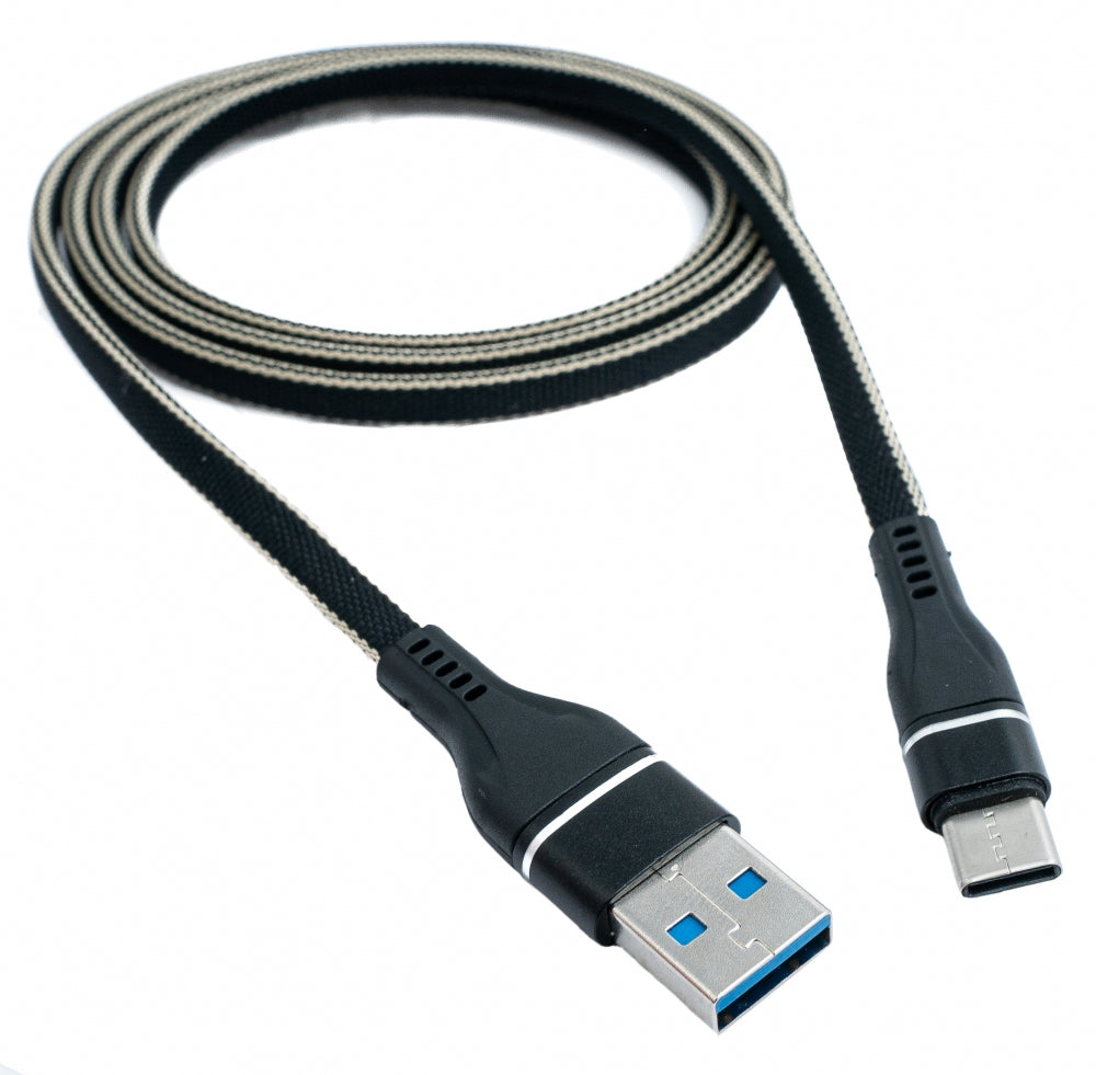 SYSTEM-S USB 3.1 snúra 1 m Type C tengi í 3.0 Type A tengi, flatfléttuð í svörtu 