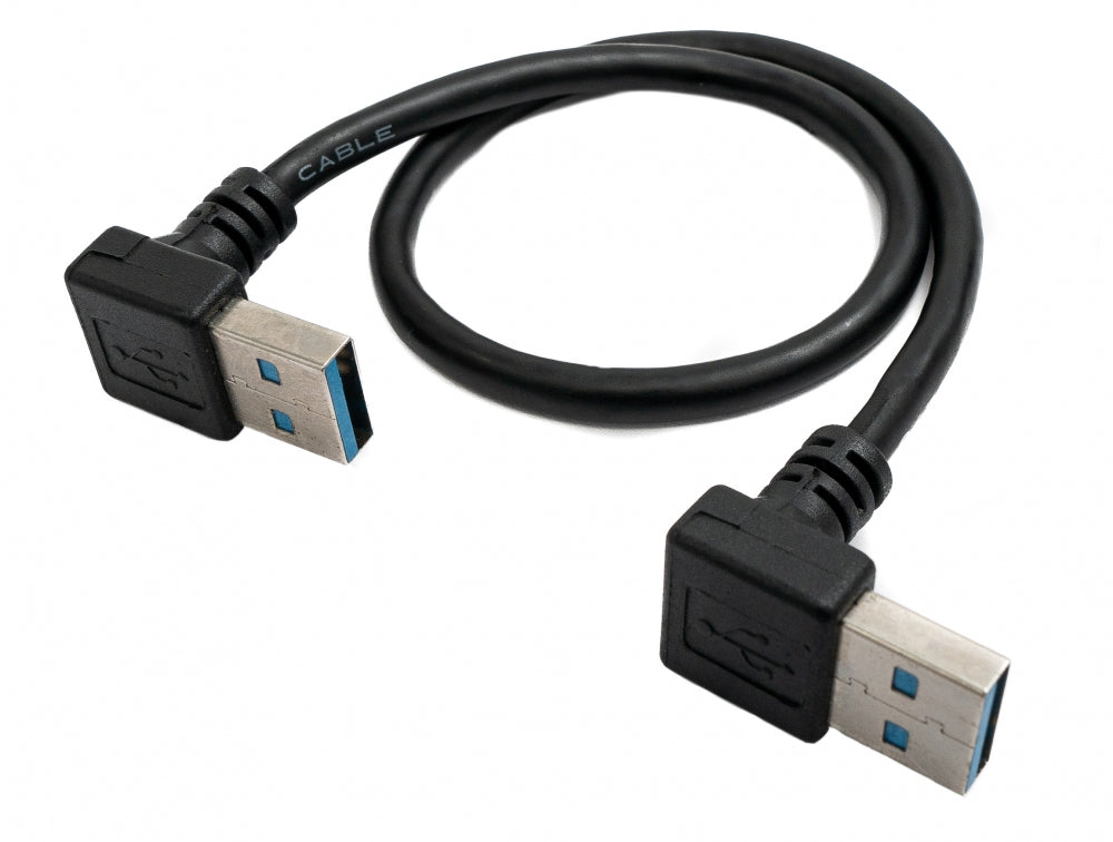 USB 3.0 snúra, 30 cm, karlkyns í karlkyns, vinklaður í svörtu.