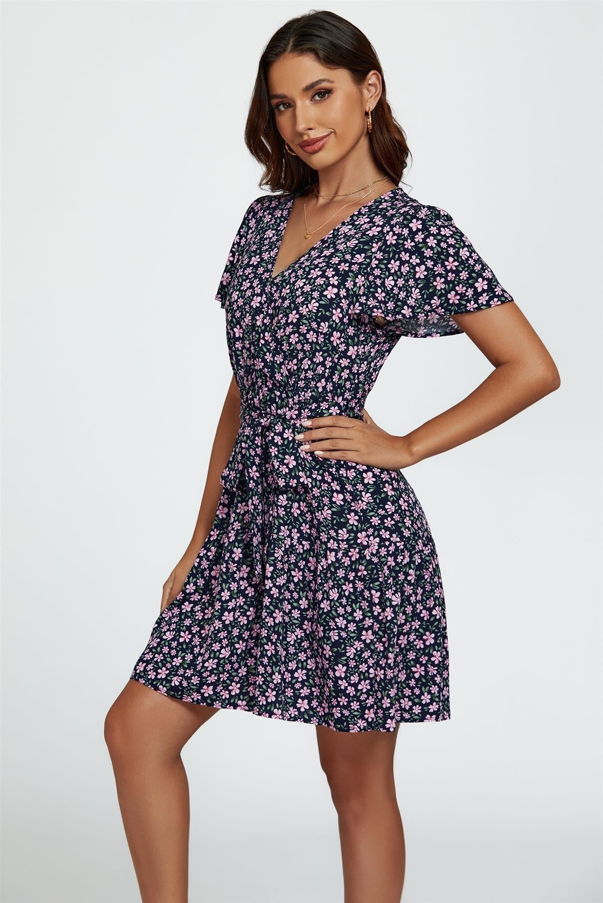 Floral Print Hem Tiered Wrap Mini Dress In Navy