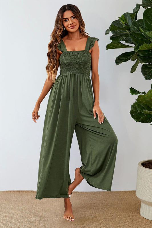 Frill Detail Strappy Jumpsuit In Olive 