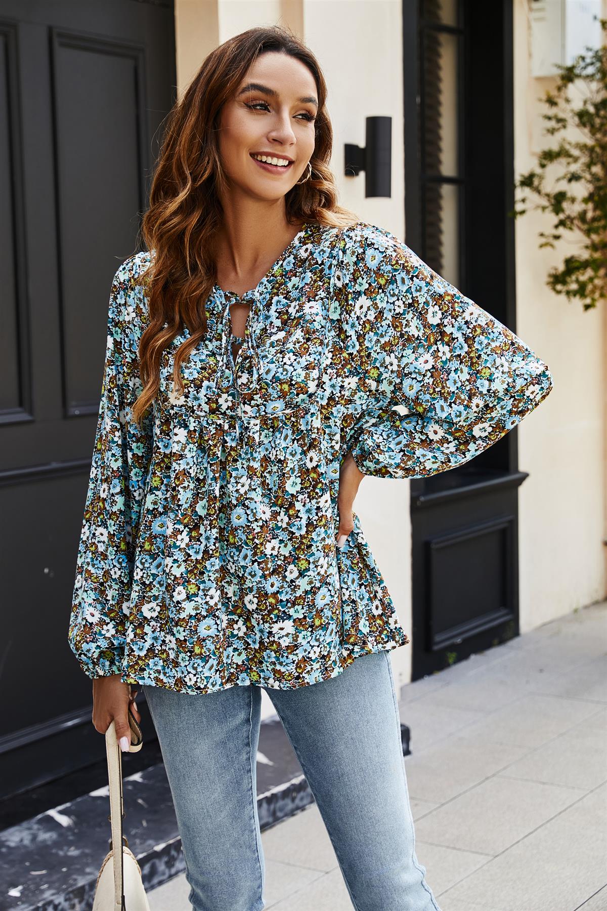 Floral print long sleeve blouse top in blue