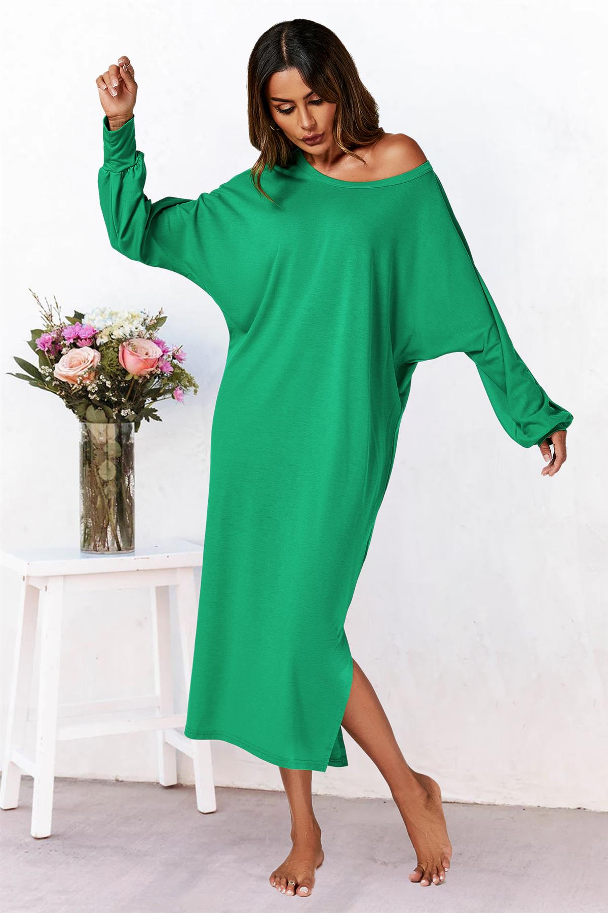 Oversized Midaxi Long Sleeve Slit Jersey Dress In Green 