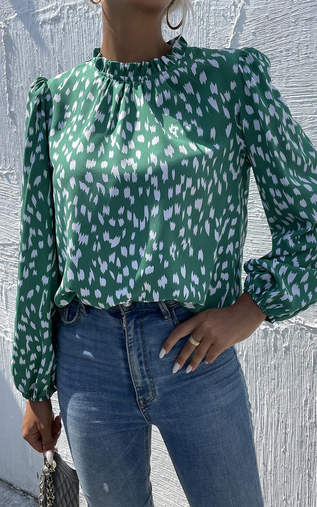 Animal Print Frill Detail High Neck Top In Green