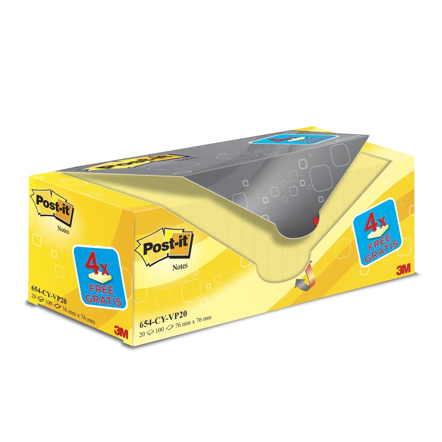 Post-it® Notes, Gelb, 76 mm x 76 mm, Promotion, 100 Blatt/Block, 16 Blöcke + 4 Gratis/Packung, Kartonverpackung, 100% PEFC, SGSCH-PEFC-COC-110078  | Packung (1 Stück)