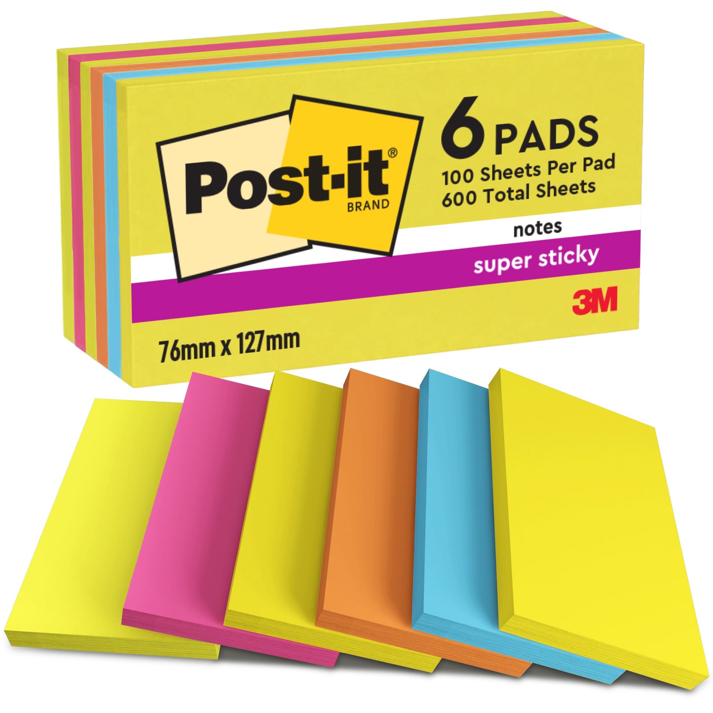 Post-it® Notes, Energetic Collection, 76 mm x 127 mm, 100 Blatt/Block, 6 Blöcke/Packung, 100% PEFC, SGSCH-PEFC-COC-110078  | Packung (1 Set)