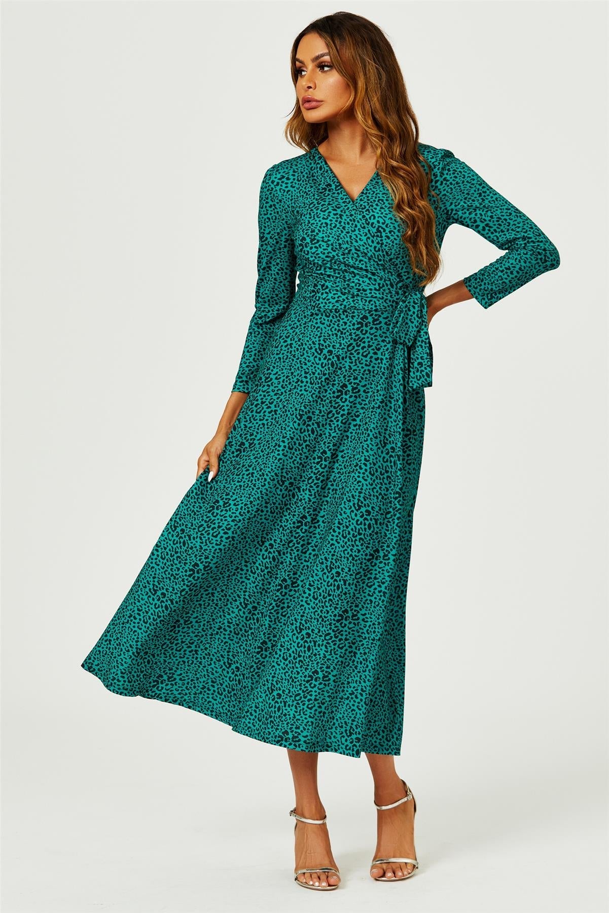 Green Leopard Print Wrap Top Midaxi Dress