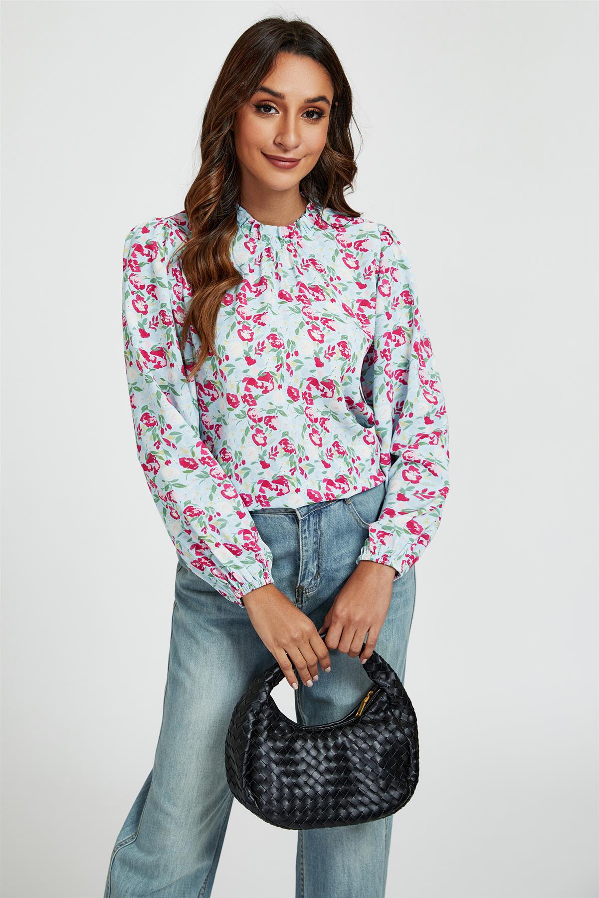 Floral Print Frill Detail High Neck Top In Blue &amp; Pink