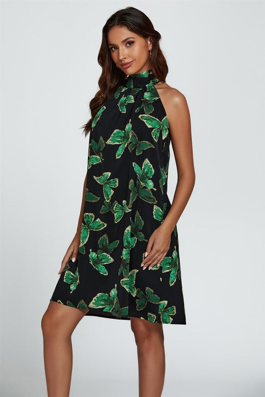 Butterfly Print Halter Neck Tie Back Mini Dress In Green