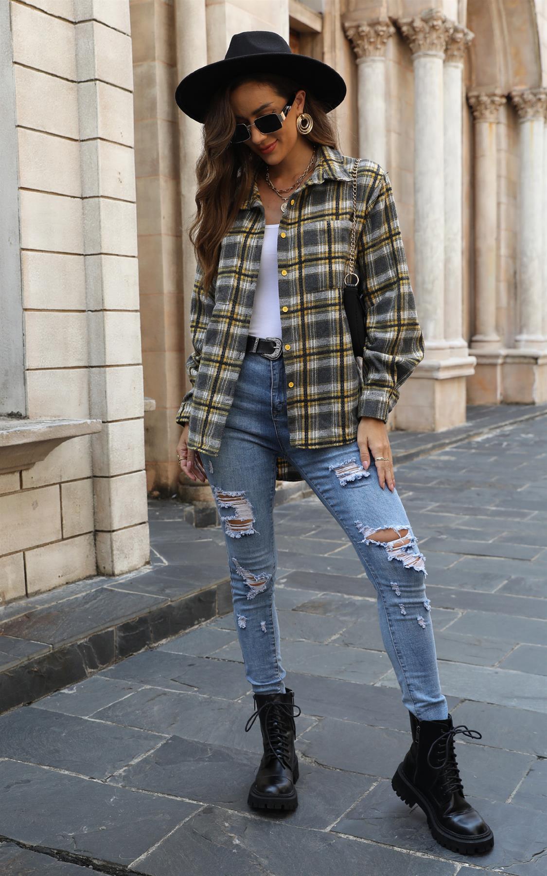 Gulur burstaður, rúðóttur, stórvaxinn skyrtujakki með vasaútliti, grár