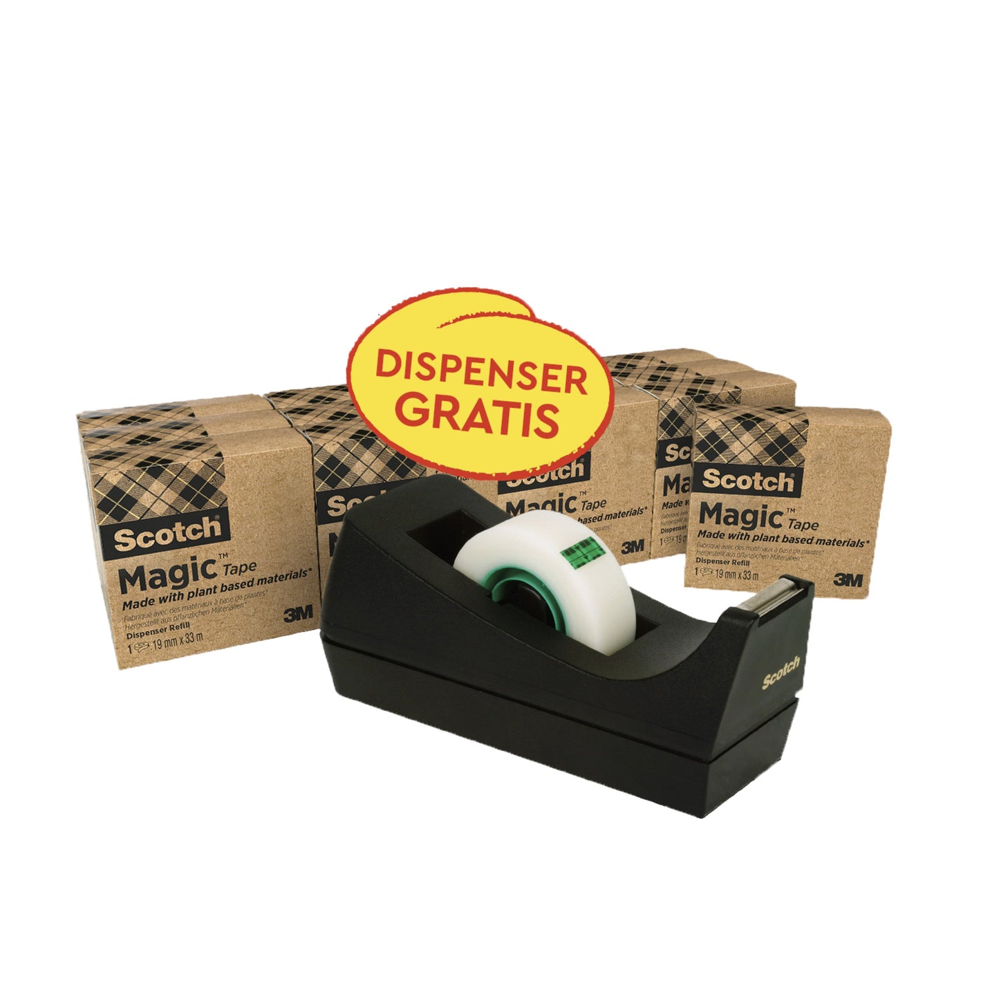 Scotch® Magic™ Klebeband 9-1933R, mit 66 % pflanzlichem Klebstoff hergestellt, 19 mm x 33 m, 14 Rollen/Packung + GRATIS Scotch® Abroller C38, Schwarz  | Packung (1 Stück)