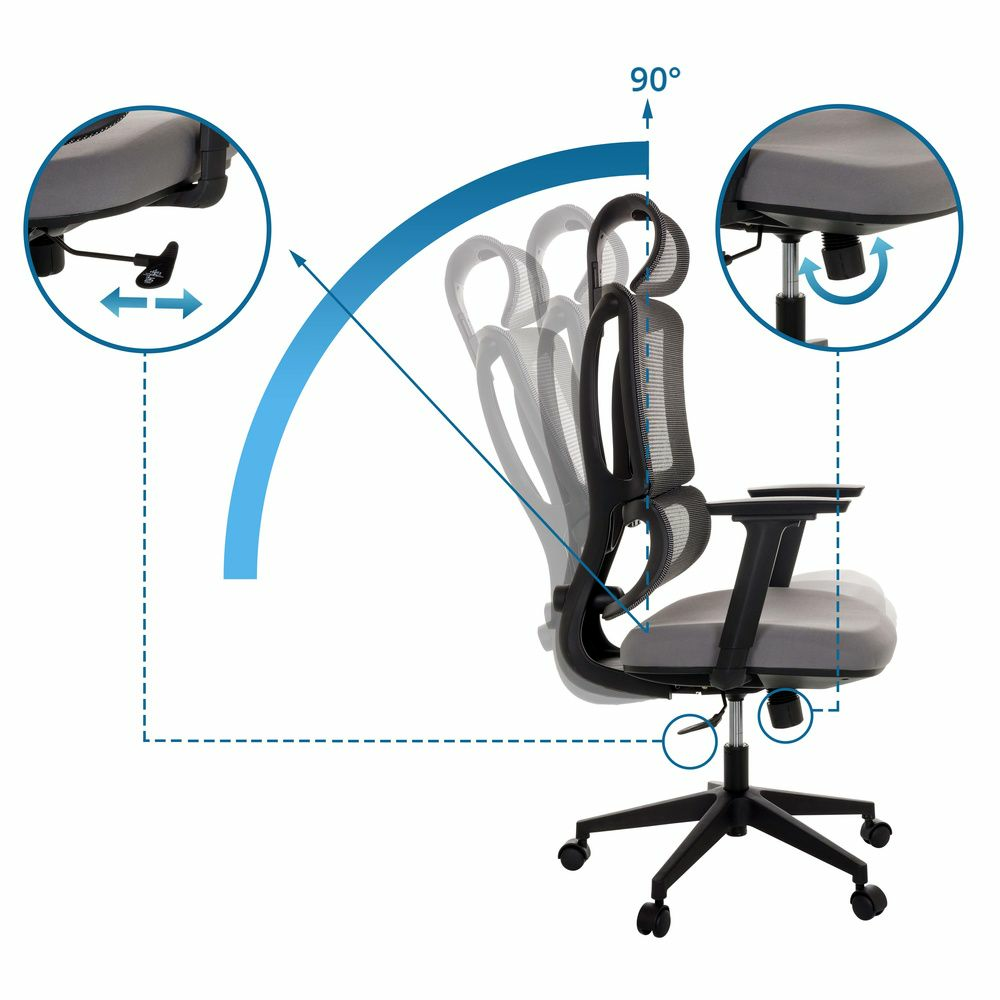 Skrifstofustóll í B-flokki, snúningsstóll, vinnuvistfræðilegt skrifborð, möskvaefni, grátt, Mybuero