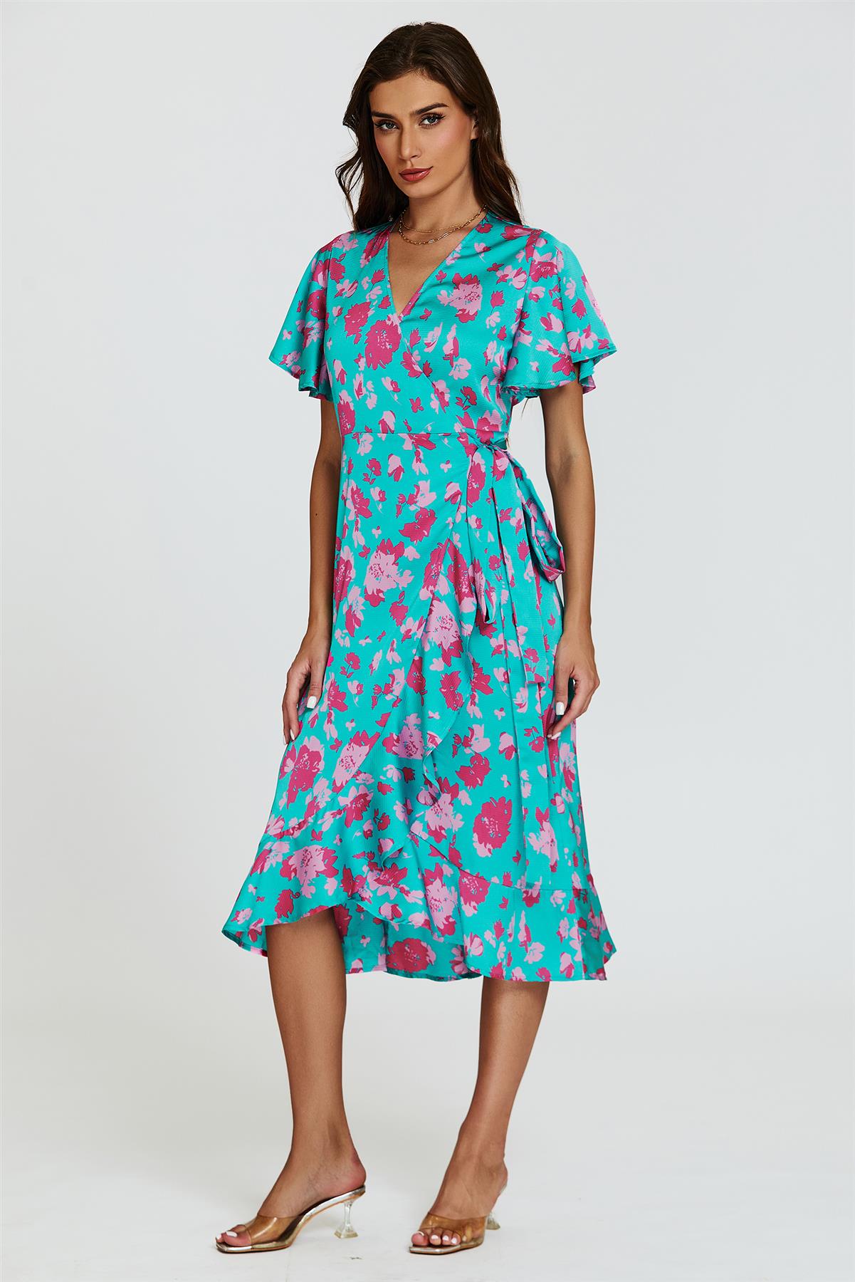 Turquoise &amp; Hot Pink Print Angel Sleeve Wrap Midi Dress