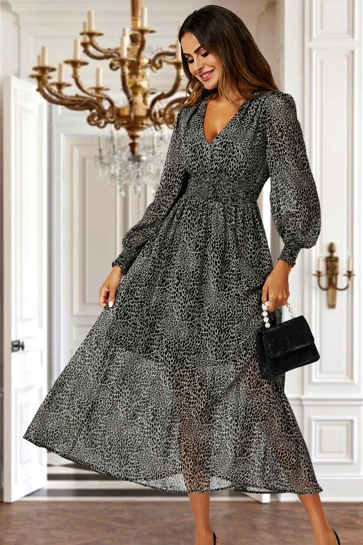 Leopard Print Long Sleeve Maxi Dress In Grey 
