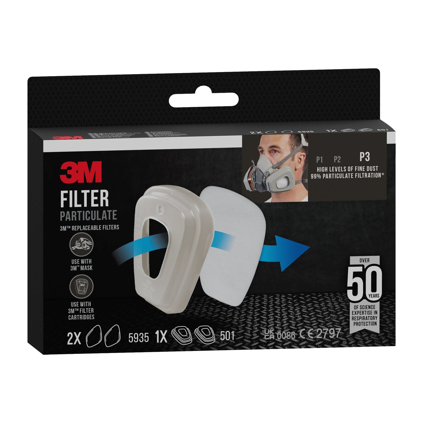 3M™ Partikelfilter 5935, P3, 2 Paar/Packung + Filterhalterung 501, 1 Paar/Packung | Packung (1 Stück)
