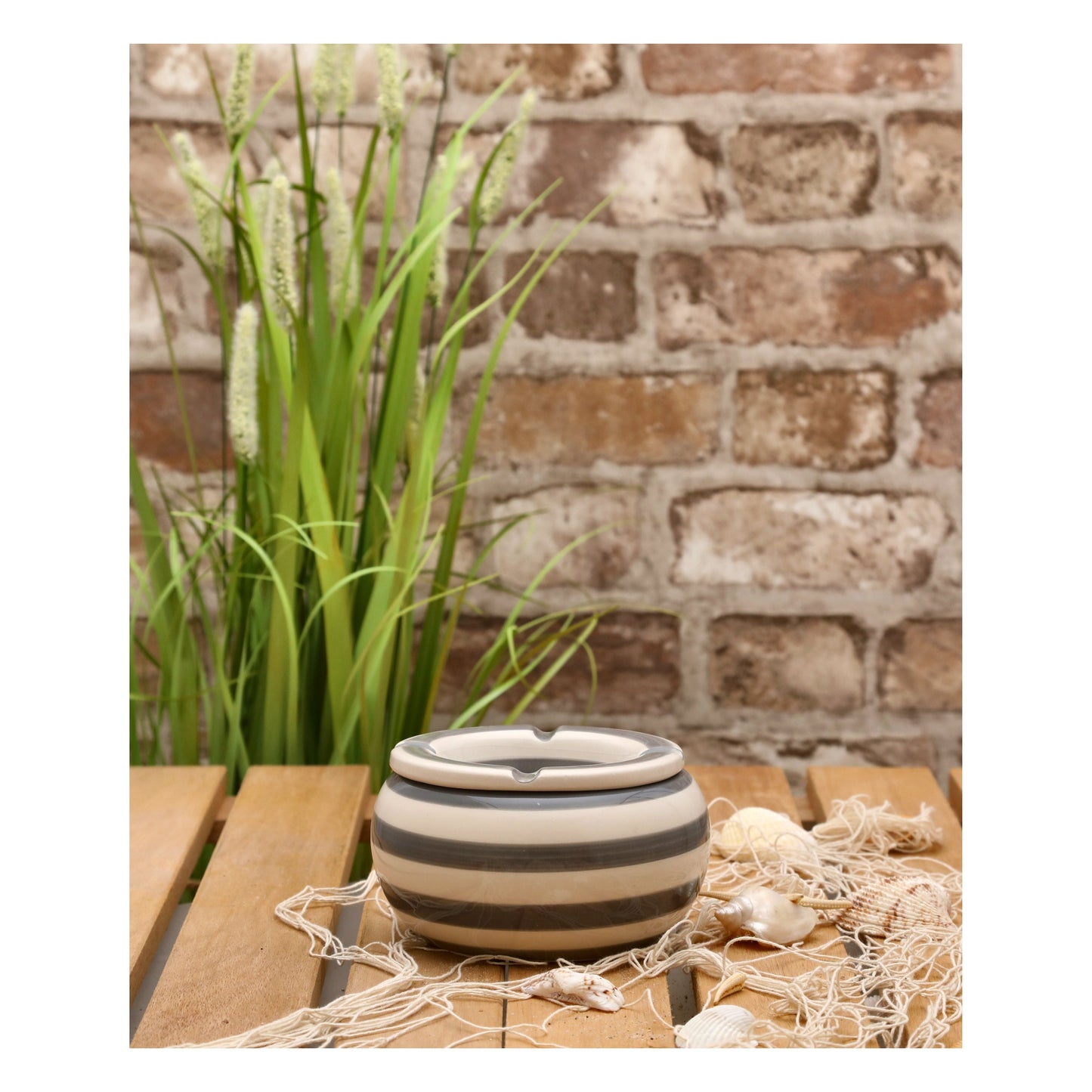 Sturmaschenbecher Mykonos M / XXL 23 cm Maritim grau weiß Aschenbecher gestreift