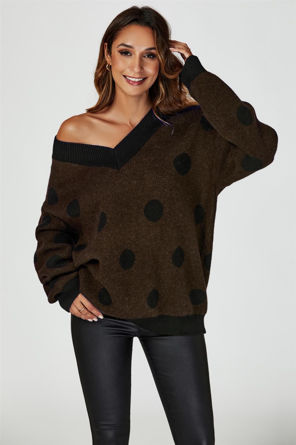 Wool Blended V Neck Jumper In Brown &amp; Black Polka Dot