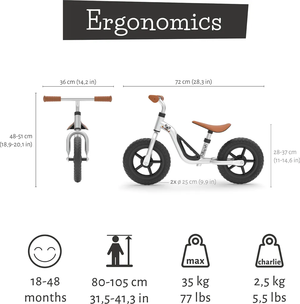 B-flokks Chillafish Charlie jafnvægishjól, barnahjól, 10 tommu hjól, silfurlitað