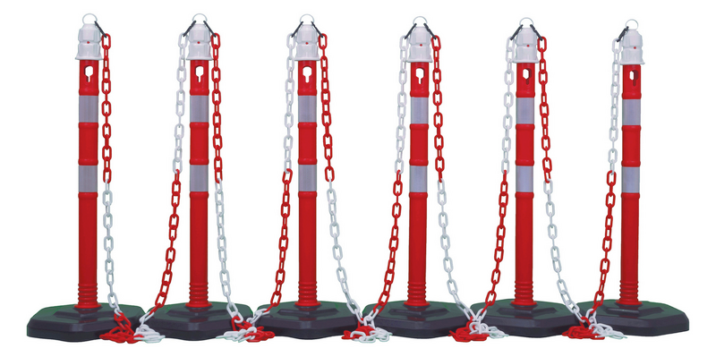 Keðjustandskerfi frá Cimco, B-flokks, úr plasti, 4 staurar, 4 keðjur, rauð, hvít, svört