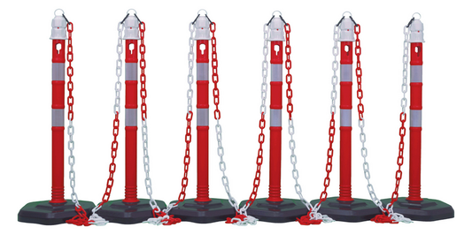 Keðjustandskerfi frá Cimco, B-flokks, úr plasti, 4 staurar, 4 keðjur, rauð, hvít, svört