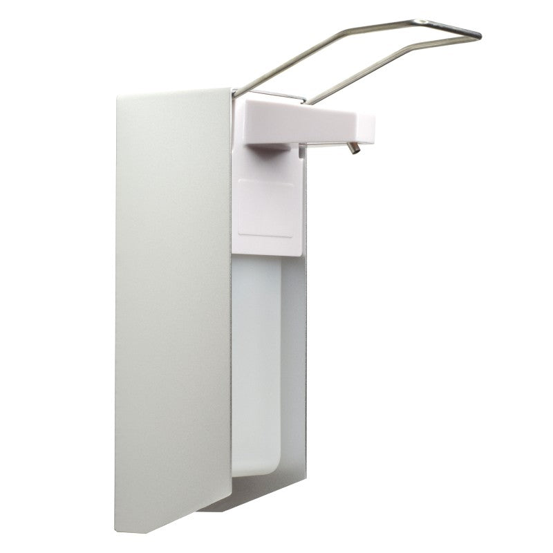 NITRAS Desinfektionsmittelspender mit Armhebel, Aluminium / Kunststoff, silber / weiß, inkl. Wandbefestigungsmaterial, für 1000 ml Flaschen | Packung (1 Stück)