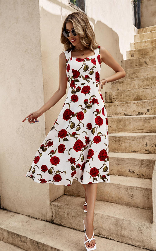 Red Roses Print Heart Neck Midi Dress In Off White
