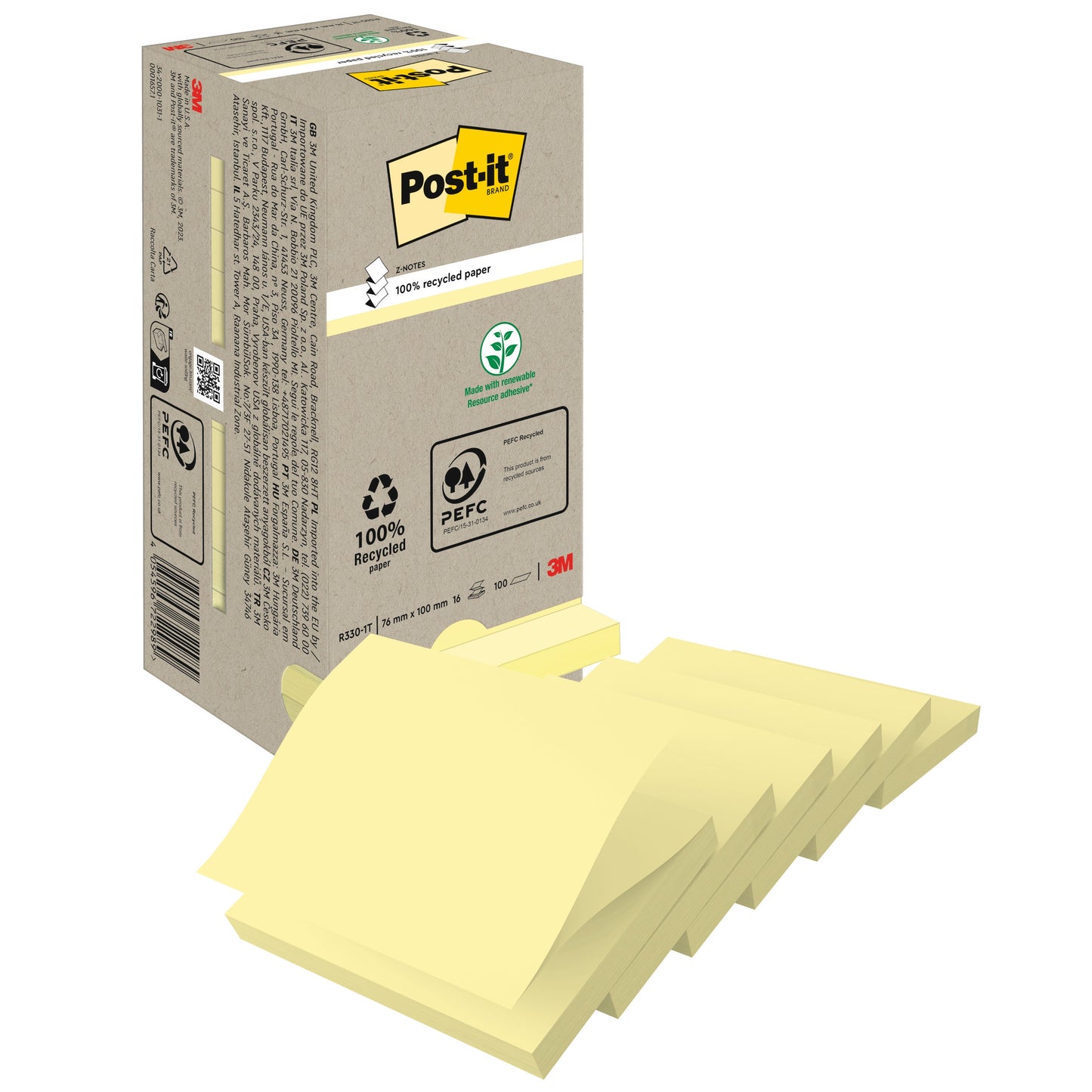 Post-it® Recycling Z-Notes, 76 mm x 76 mm, 100 Blatt/Block, 100% PEFC