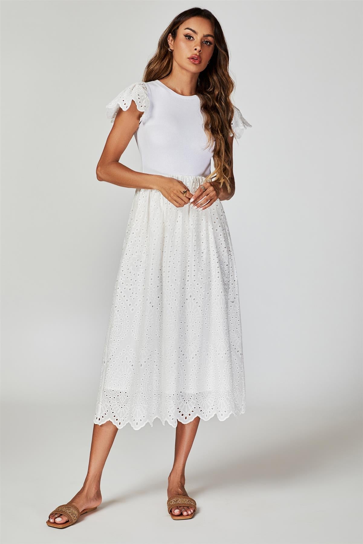 Jersey Broderie Midi Dress In White