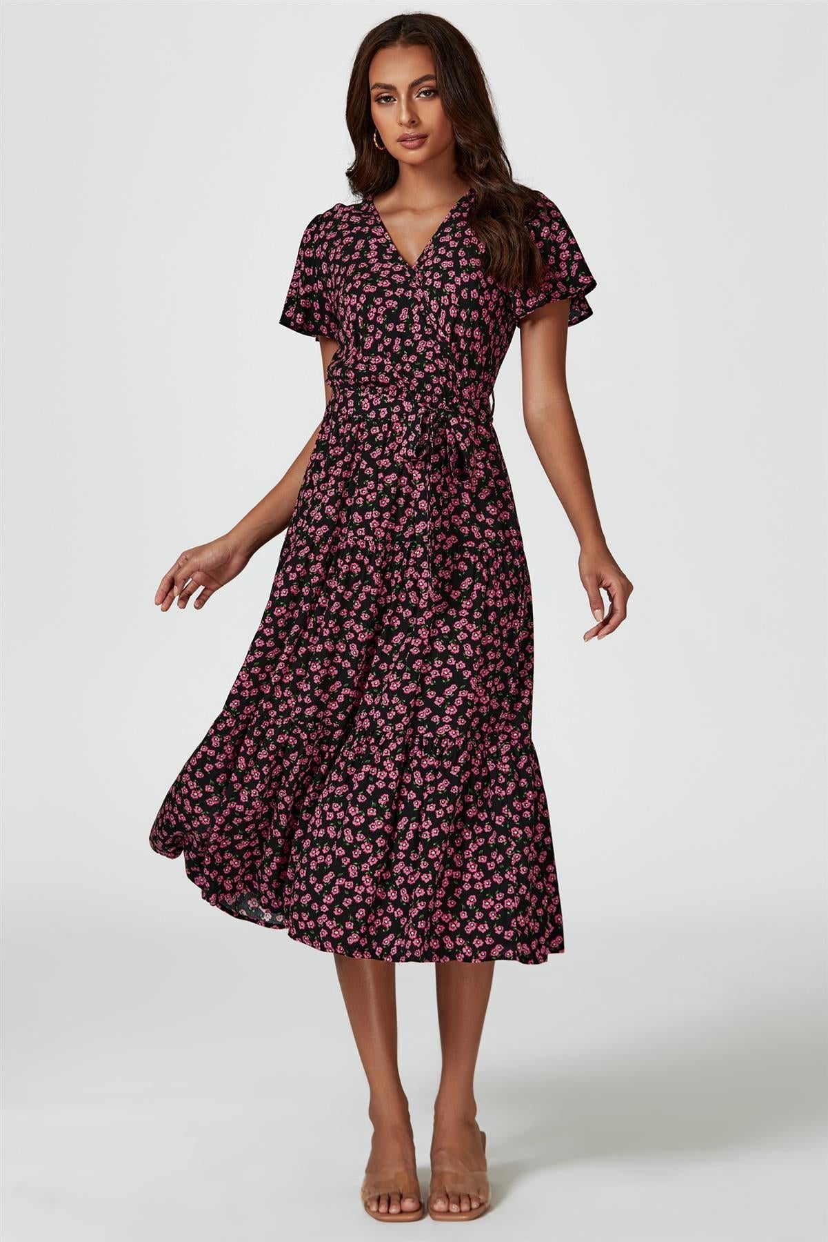 Pink Floral Print Wrap Midi Dress In Black