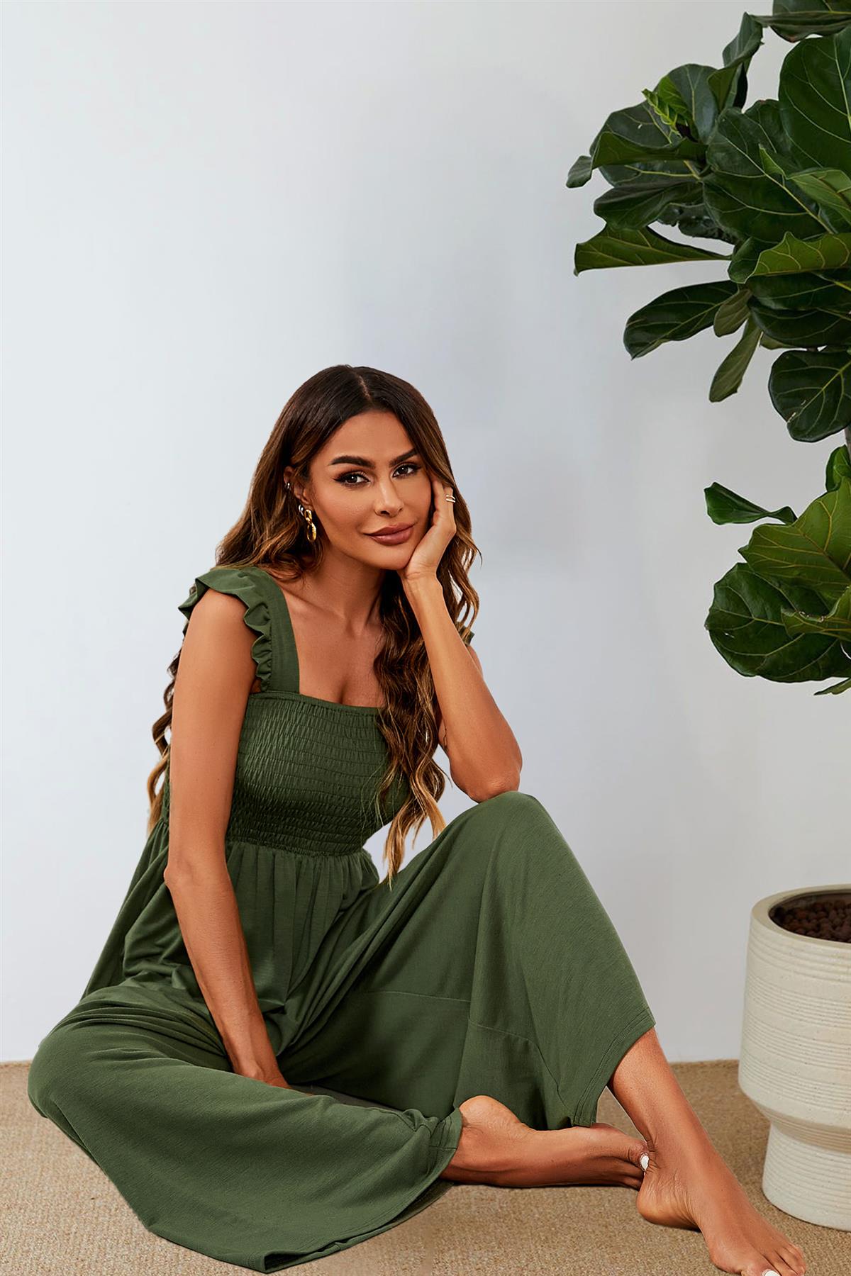 Frill Detail Strappy Jumpsuit In Olive 