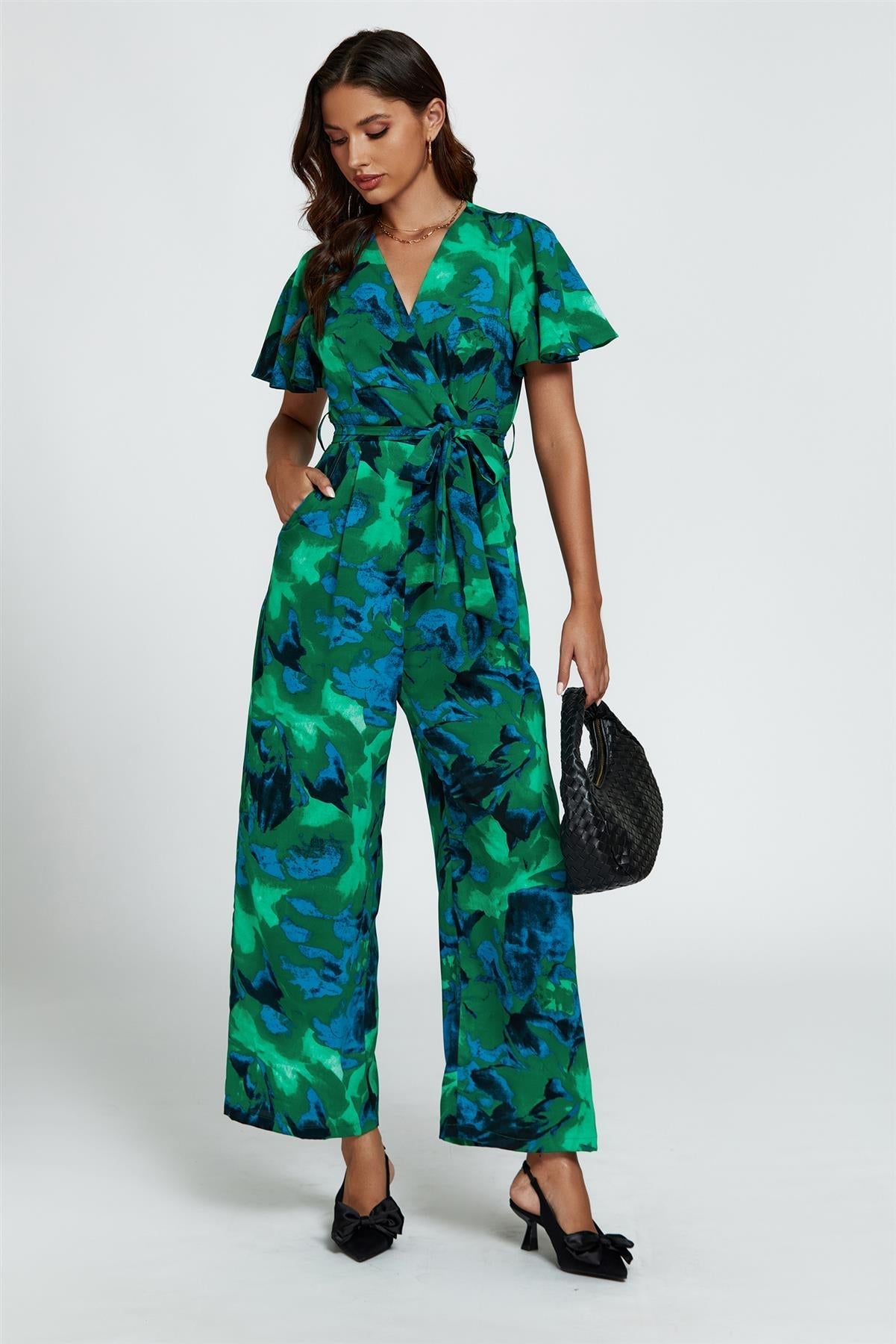 Abstract Print Wrap Top Jumpsuit In Green