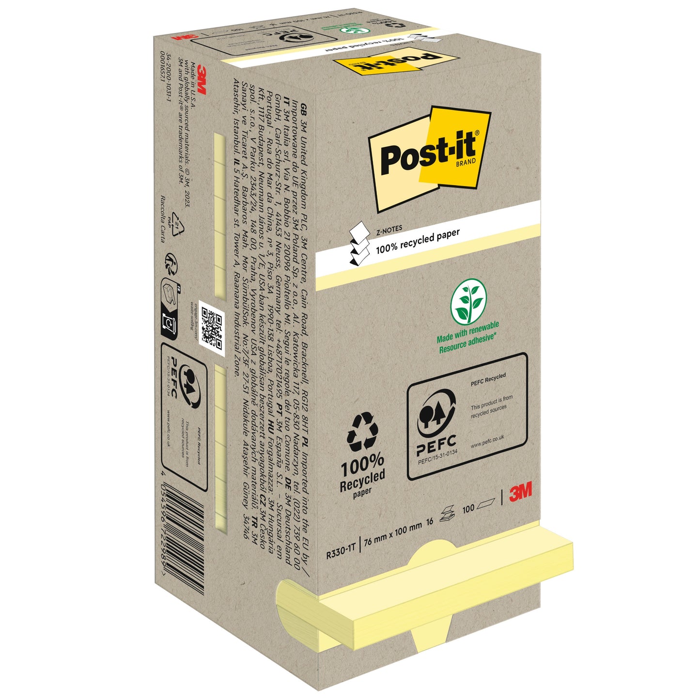 Post-it® Recycling Z-Notes, 76 mm x 76 mm, 100 Blatt/Block, 100% PEFC