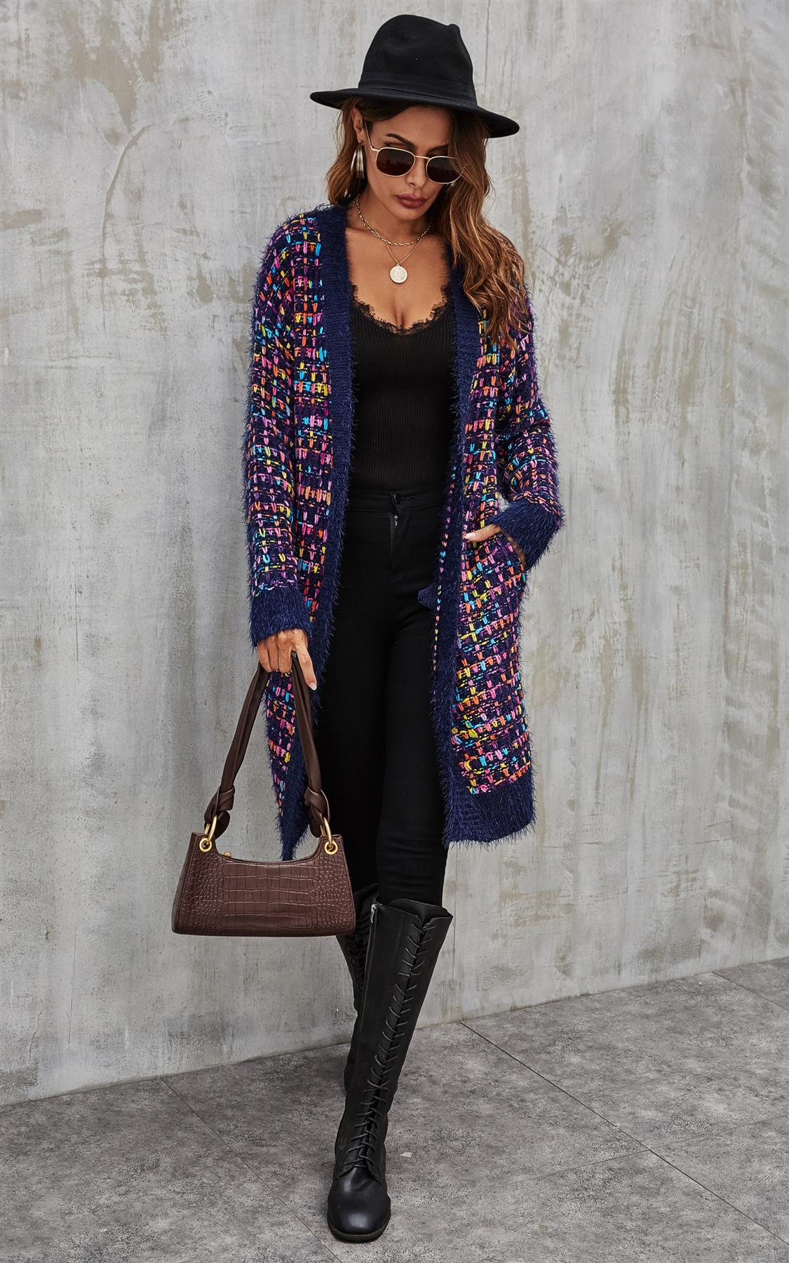 Pink mix Multi color Speckles Boucle Check Cardigan In Navy