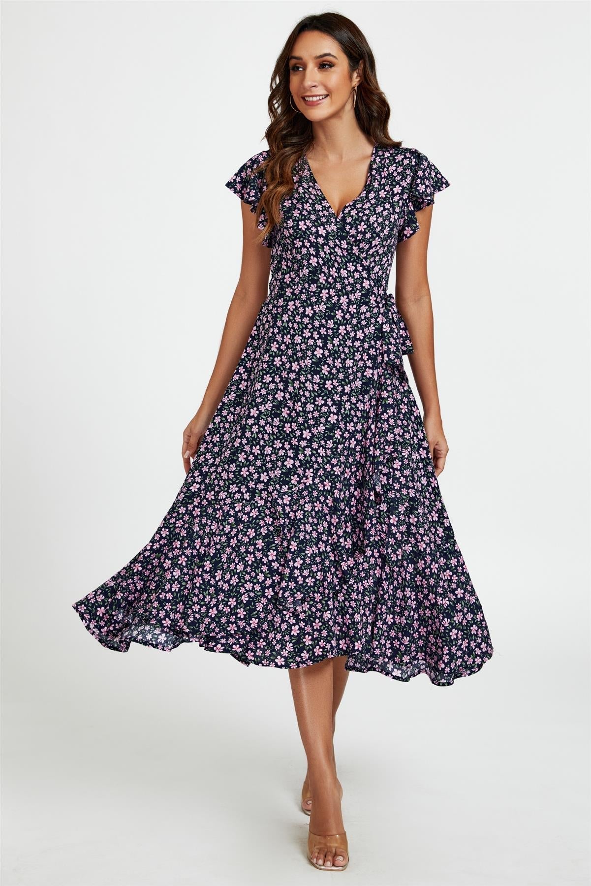 Floral Frill Sleeve Midi Wrap Dress In Navy