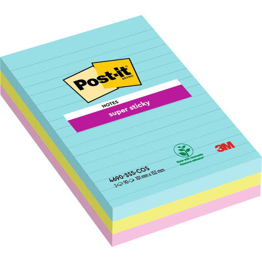 Post-it® Super Sticky Notes im Großformat, Liniert, 101 mm x 152 mm, 90 Blatt/Block, 100% PEFC