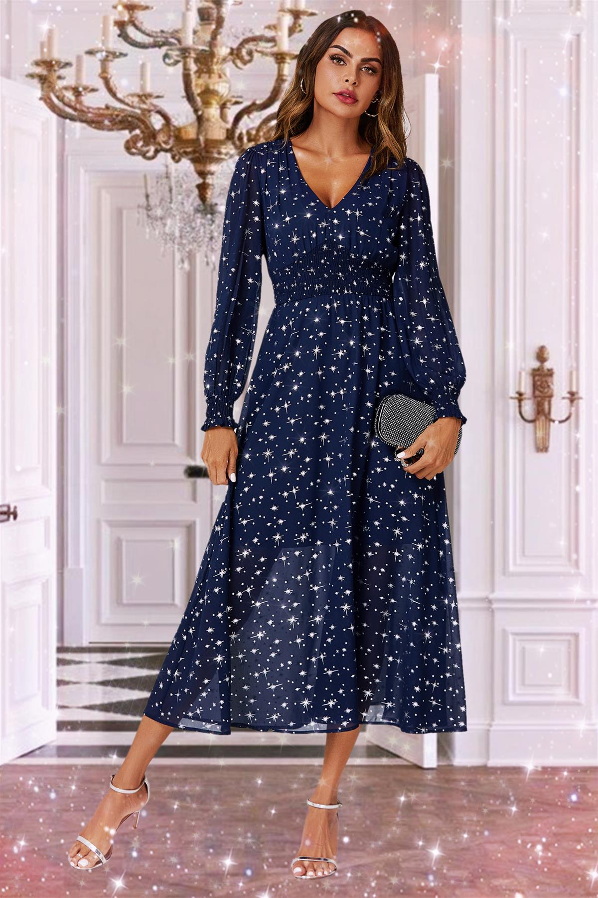 Silver Star Foil Long Sleeve Maxi Dress In Navy