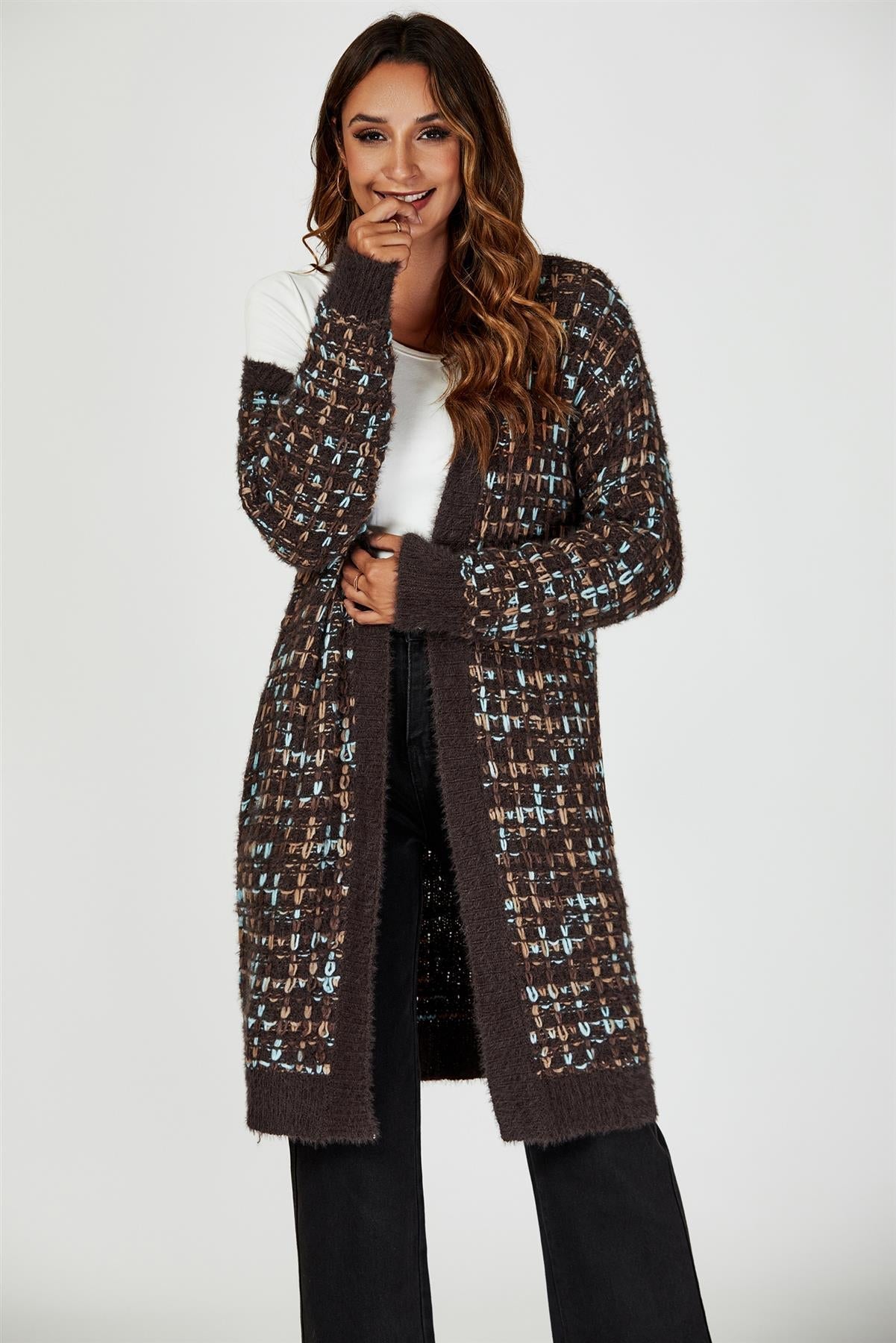 Boucle Check Cardigan In Brown With Multicolour Speckles