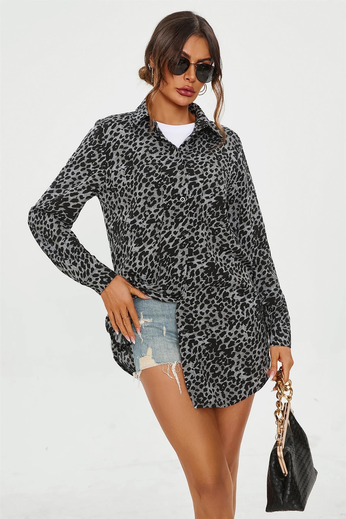 Leopard Print Tunic Shirt In Gray Blue