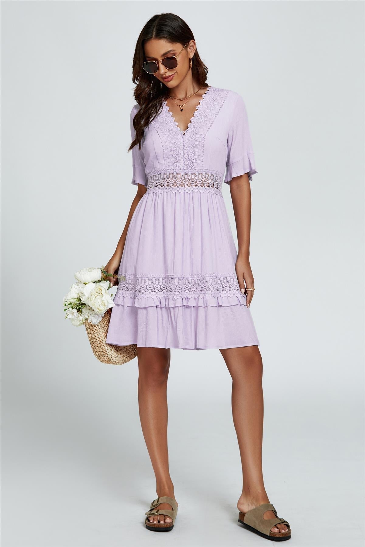 V Neck Lace Mini Dress In Purple