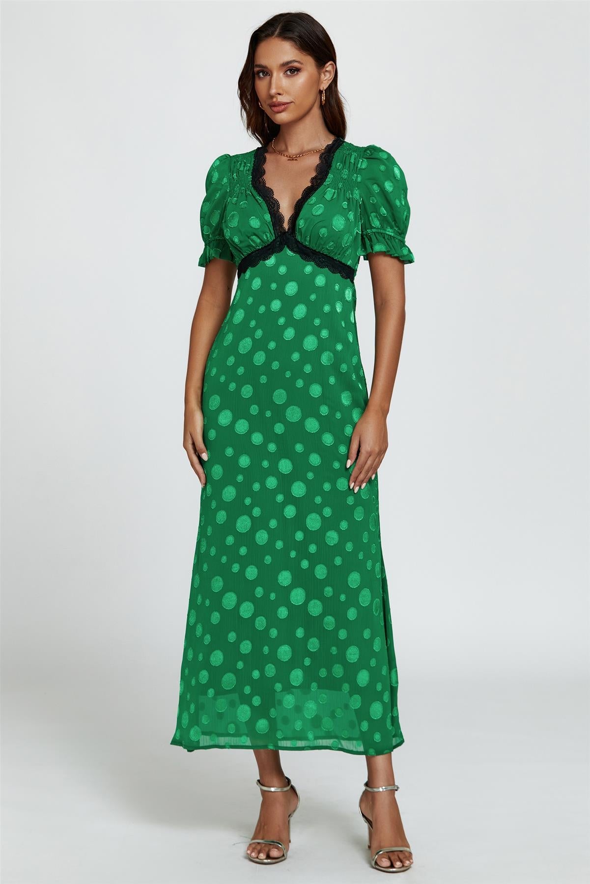 Polka Dot Jacquard Lace Trim Midi Dress In Green