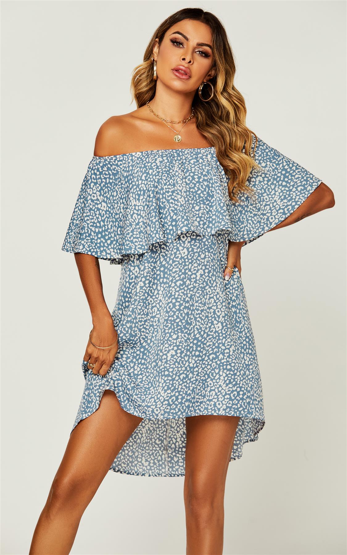 Leopard Print Bardot Frill Off Shoulder Mini Dress In Blue