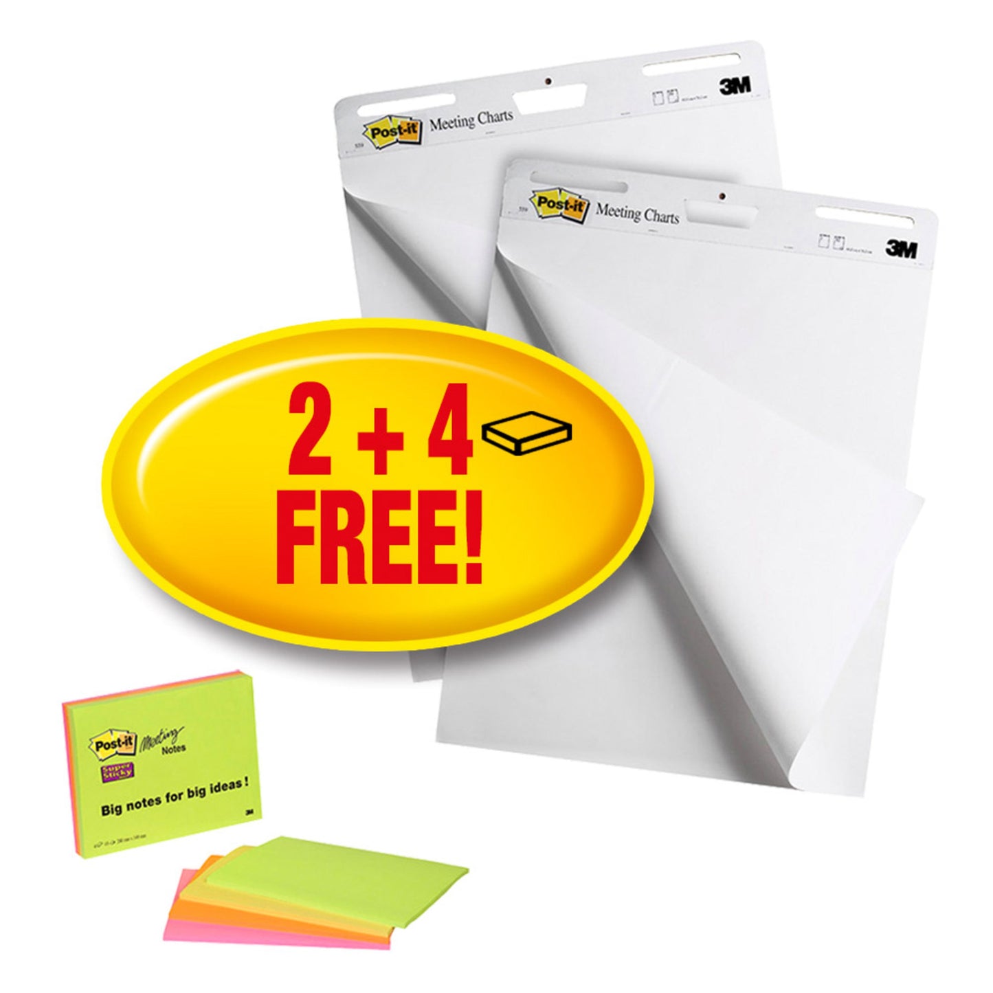 Post-it® Super Sticky selbsthaftendes Meeting Chart/Flipchart 559P, Weiß, 63,5 cm x 76,2 cm, Promotion + Post-it® Super Sticky Meeting Notes, Verschiedene Neonfarben, 2 Blöcke + 4 Gratis/Packung, 100% PEFC, SGSCH-PEFC-COC-110078 | Packung (1 Set)