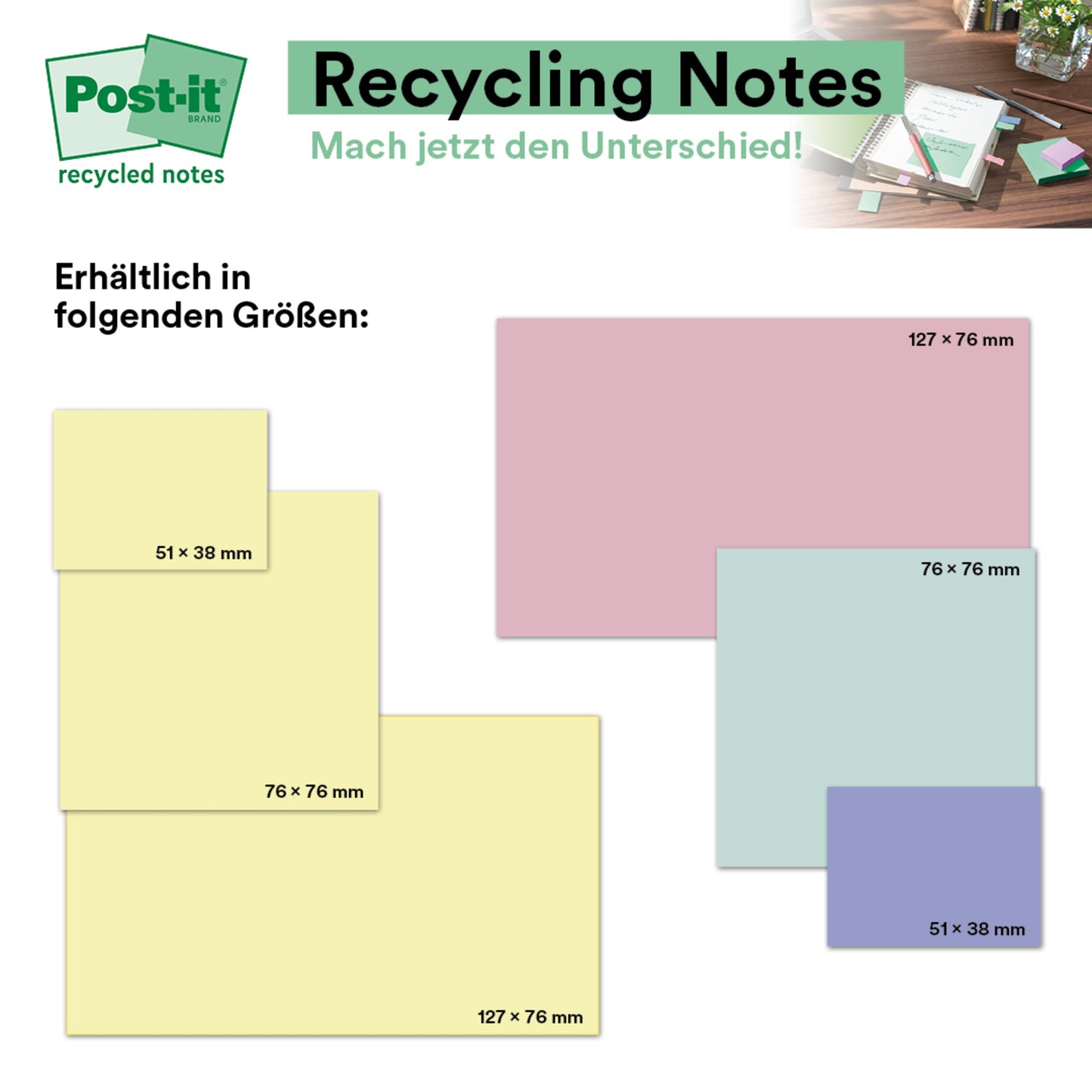 Post-it® Recycling Notes, 76 mm x 127 mm, 100 Blatt/Block, 100% PEFC