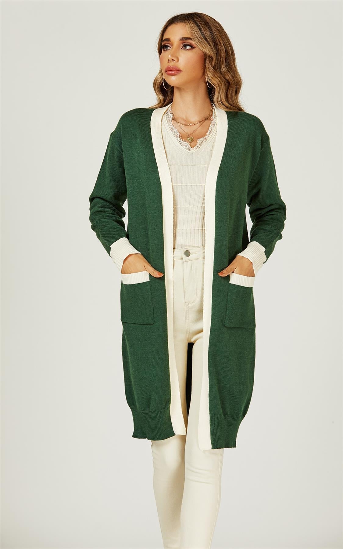 Cream Stripe Cardigan In Green