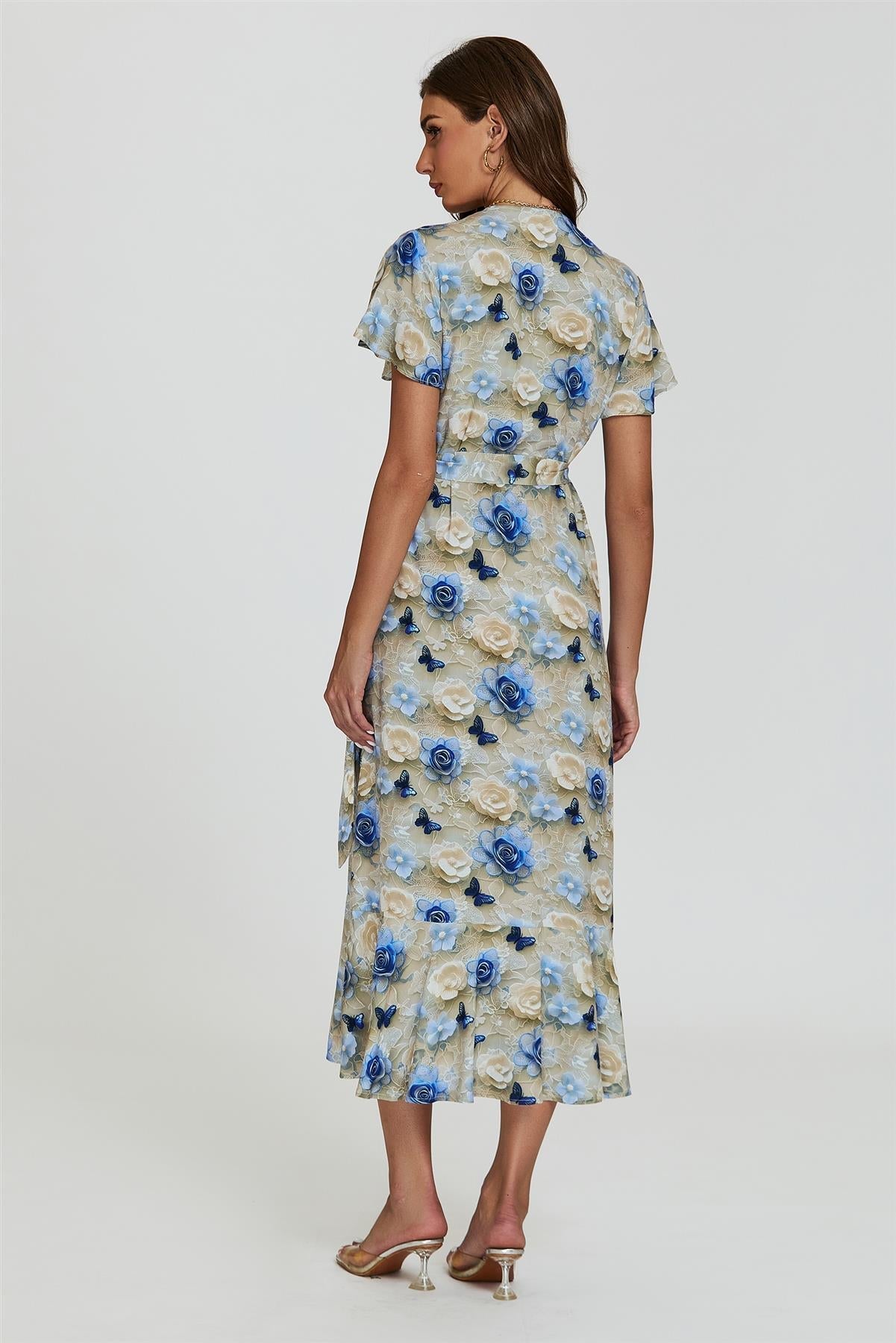 Floral Print Wrap Hem Midi Dress In Beige