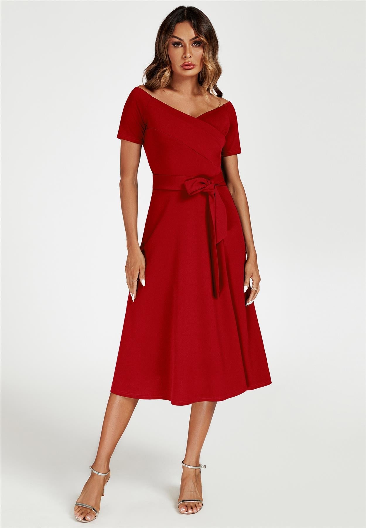 Bardot Midi Dress in Red