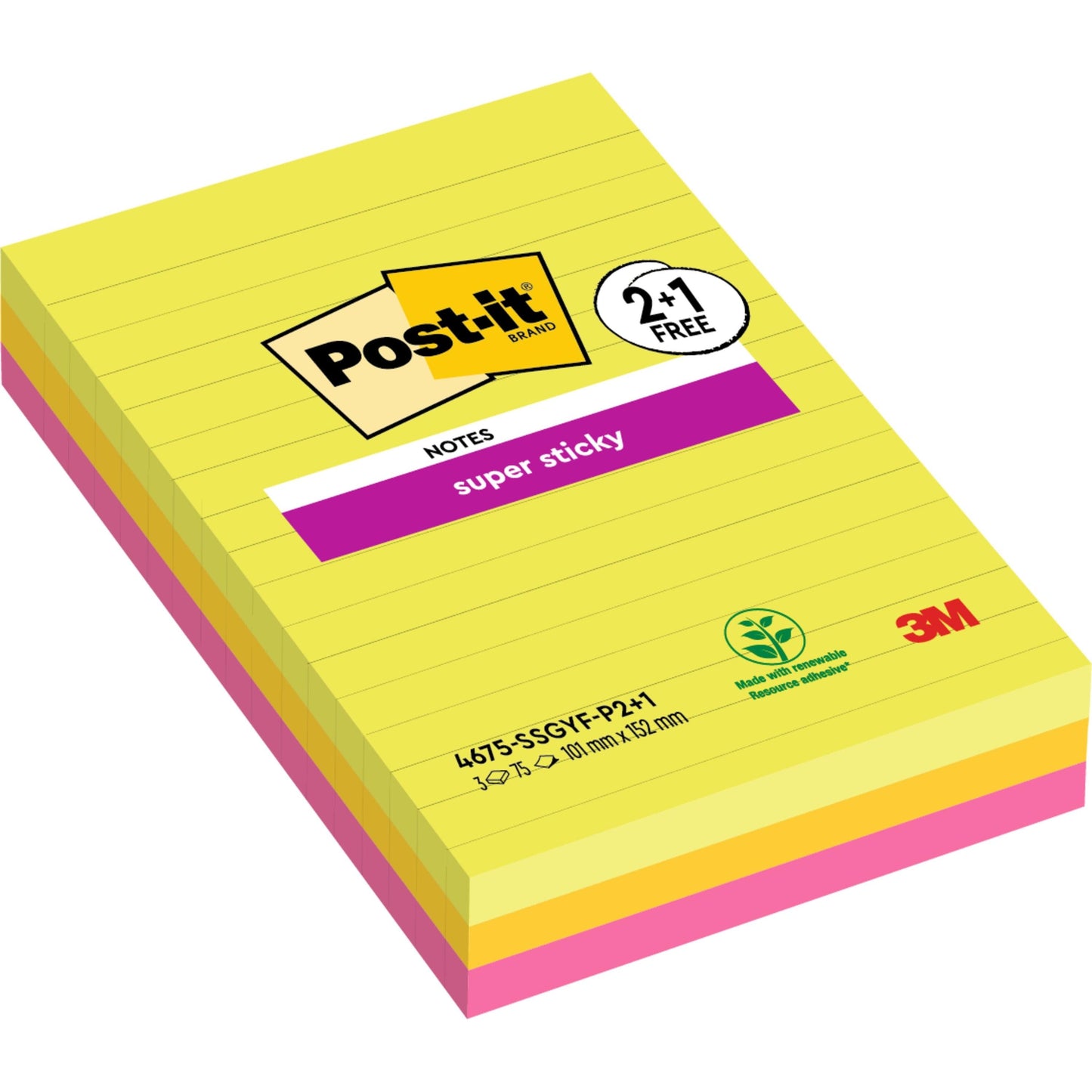 Post-it® Super Sticky Notes im Großformat, Verschiedene Farben, Liniert, 101 mm x 152 mm, 75 Blatt/Block, 3 Blöcke/Packung, 100% PEFC, SGSCH-PEFC-COC-110078 | Packung (1 Stück)