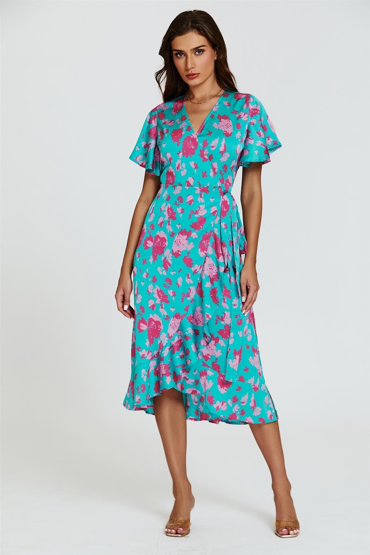 Turquoise &amp; Hot Pink Print Angel Sleeve Wrap Midi Dress