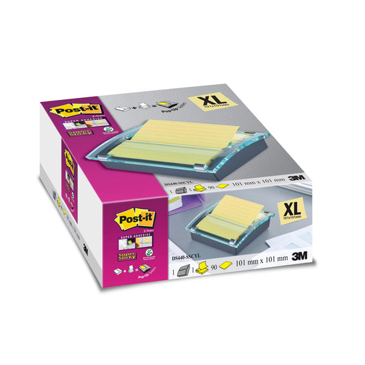 Post-it® Z-Notes Dispenser XL, Schwarz + Post-it® Super Sticky Z-Notes Im Großformat, Gelb, Liniert, 101 mm x 101 mm, 90 Blatt/Block, 1 Block/Packung | Packung (1 Stück)