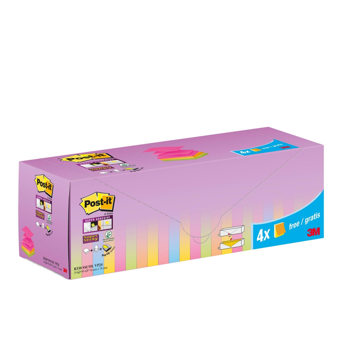 Post-it® Super Sticky Z-Notes, Verschiedene Farben, 76 mm x 76 mm, Promotion, 90 Blatt/Block, 20 Blöcke + 4 Gratis/Packung, Kartonverpackung, 100% PEFC, SGSCH-PEFC-COC-110078  | Packung (1 Stück)